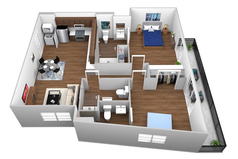 Floor plan for 2 beds, 3 baths, 827 sqft